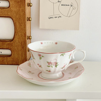 French Pink Rabbit Print Vintage Coffee Cup and Saucer Set Ceramic Cup Cute Girls' Afternoon Tea Dim & Saucer