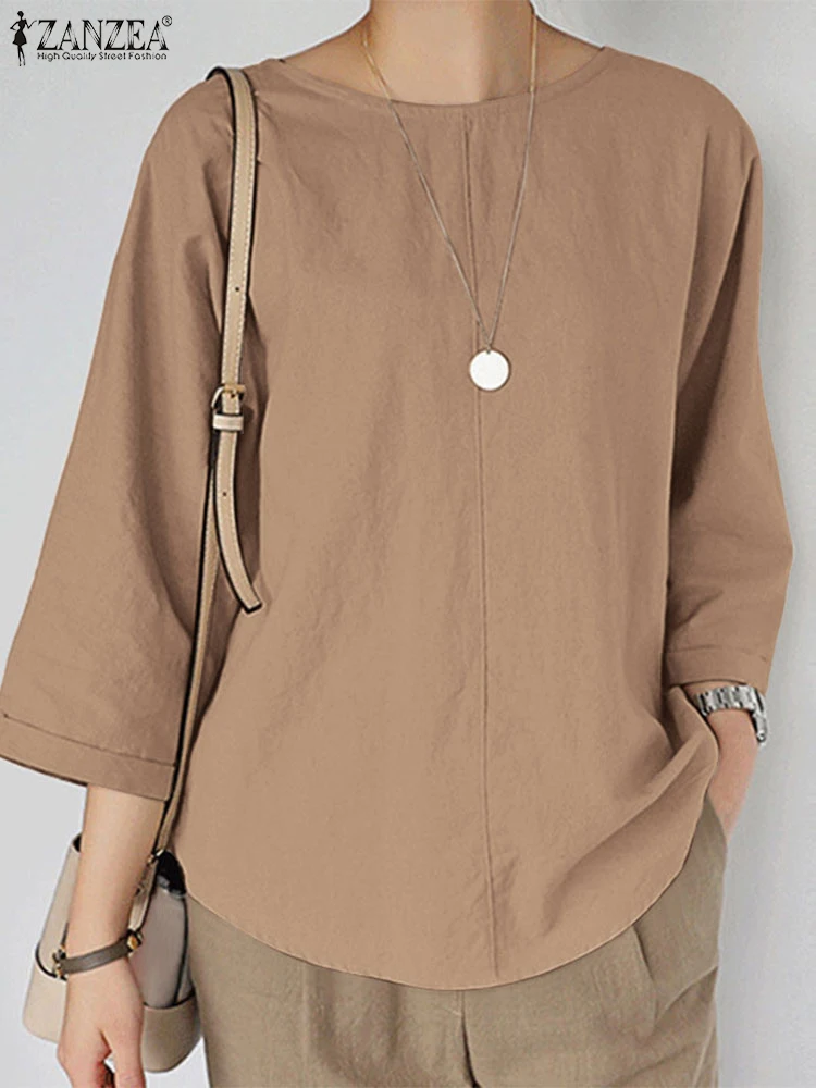 

ZANZEA Fashion Women 3/4 Sleeve Cotton Tops 2025 Summer Blouses Casual Solid Loose Work Shirt O Neck Blusas Oversize Chemise