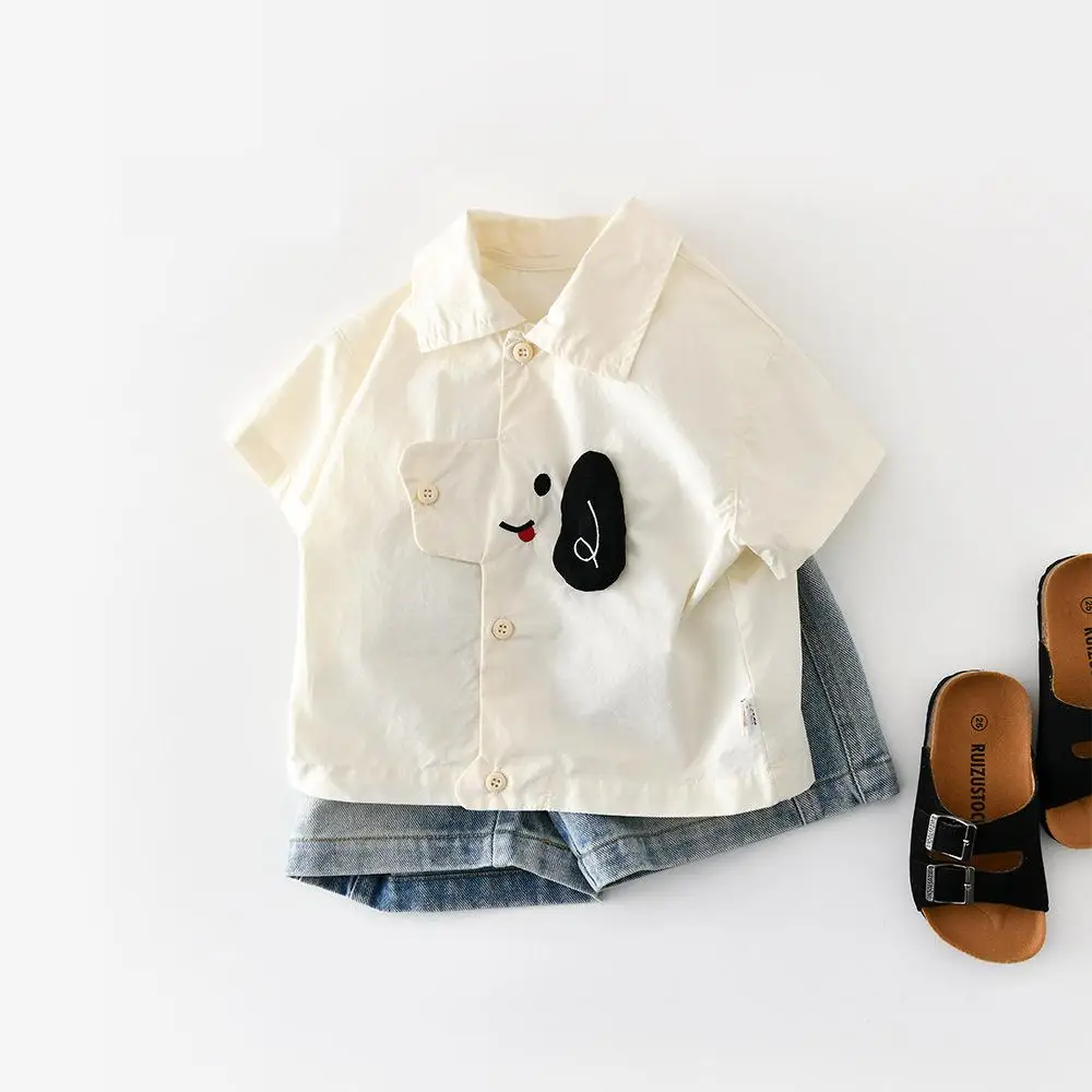

2026 Summer New Baby Short Sleeve Shirts Infant Girl Cute Cartoon Dog Lapel Tops Toddler Boys Cotton T Shirts Kids Clothes