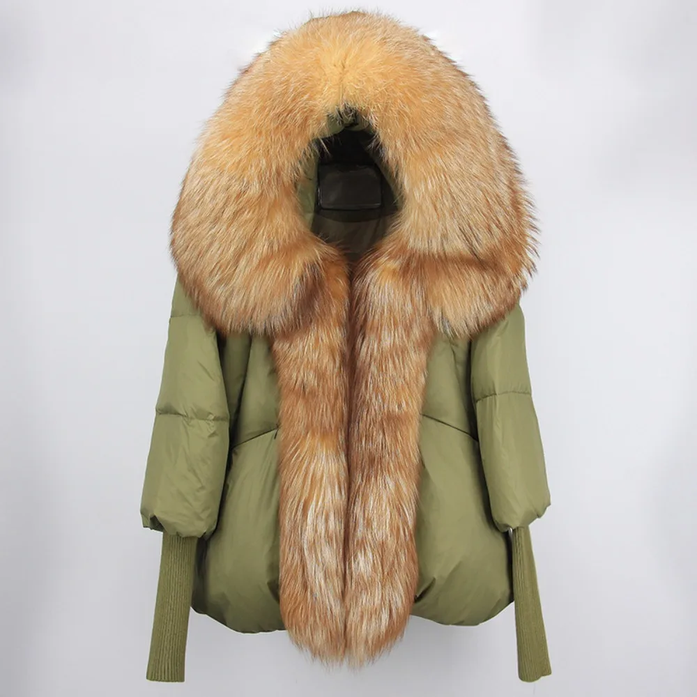 Women New Loose Real Fox Fur Collar Hooded Natural Oversize Puffer Jacket Thick Warm Streetwear Outerwear Duck Down Coat Winter