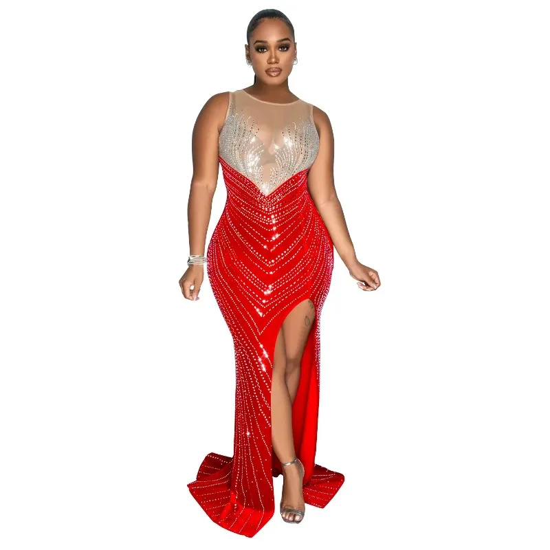 

Women O-neck Sleeveless Mesh Patchwork Diamonds Hot Rhinestones High Side Split Birthday Bodycon Midi Mermaid Maxi Dresses