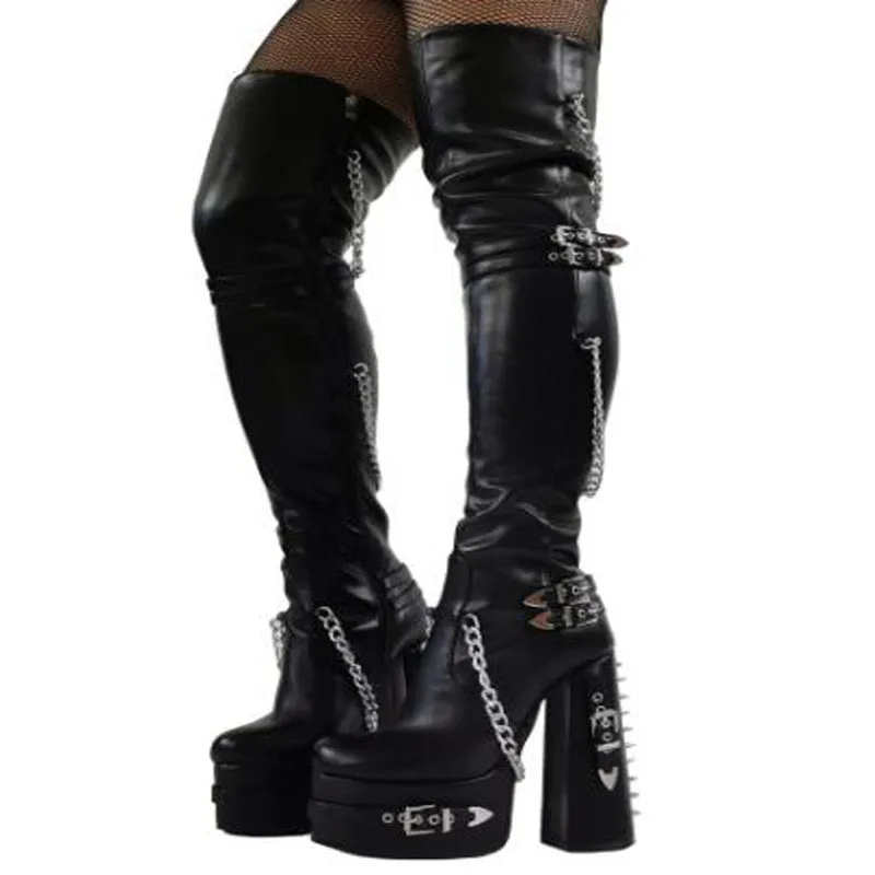 

Punk Women Black Matte Shiny Leather Sliver Chains Belt Buckles Spike Rivet Round Toe Platform Chunky Heels Over The Knee Boots