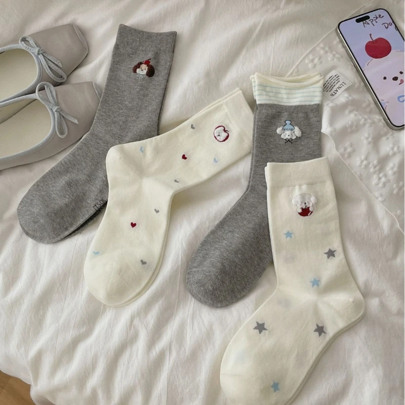 

4 pairs of new autumn cartoon puppy pure cotton socks for women antibacterial sweat absorbing casual mid tube socks