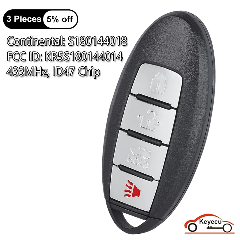 

KEYECU 4 Buttons 433.92MHz ID47 Chip for Nissan Altima Maxima 2013 2014 2015 Auto Smart Remote Key Fob KR5S180144014 S180144018