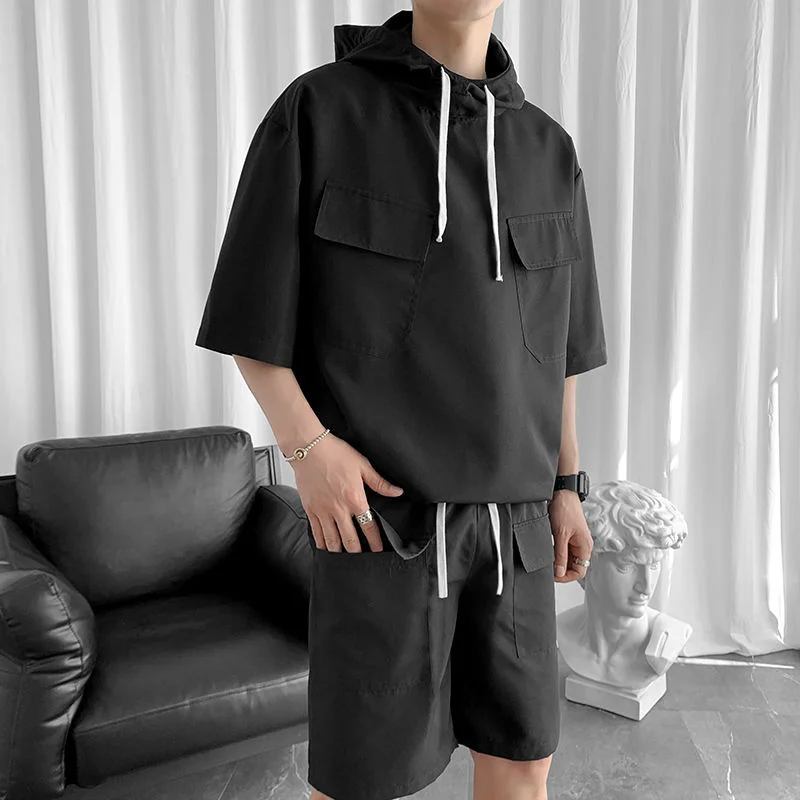 New Men's Summer Youth Hooded Pullover Short-Sleeved Suit Sports And Leisure Lace-Up Shorts Two-Piece Set y2k Clothes