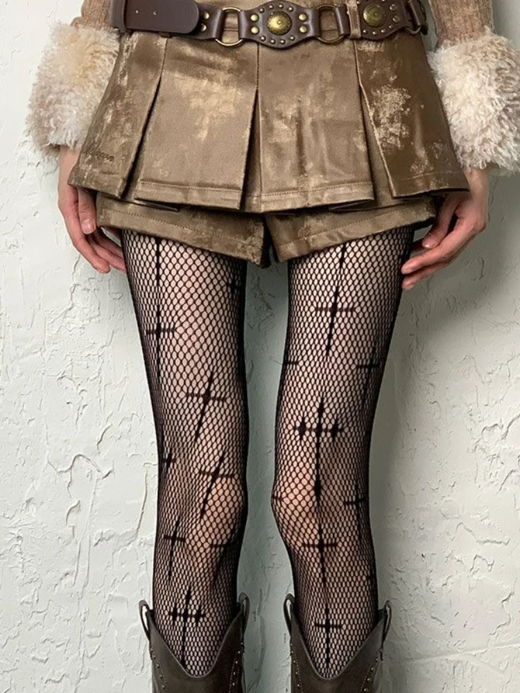 Dark Punk Gothic Style Cross Design Tights JK Hollow Out Fishnet Stockings for Women Y2K Baddie Subculture Mature Lady Pantyhose