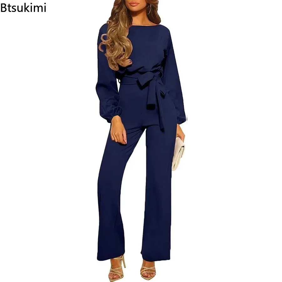 2024 Women's Office Ladies Round Neck Women Jumpsuit High Waist One Piece Loose Overalls Slim Fit Rompers Belt Wide Leg Pants