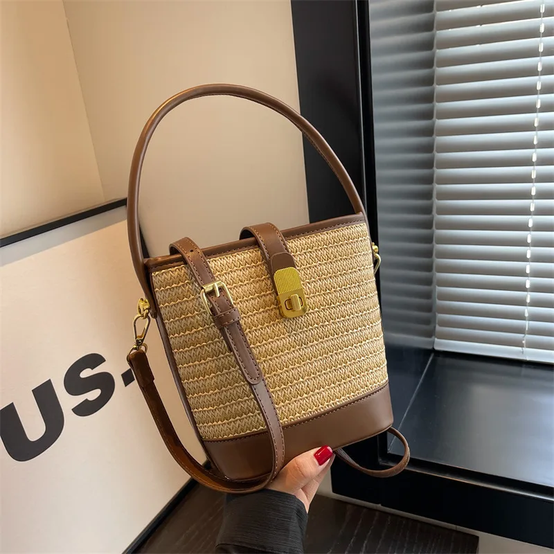 Stylish Woven Handbag for Women  New Premium-Quality Straw Bag, Shoulders Strap or Crossbody Bag, Casual Bucket Bag