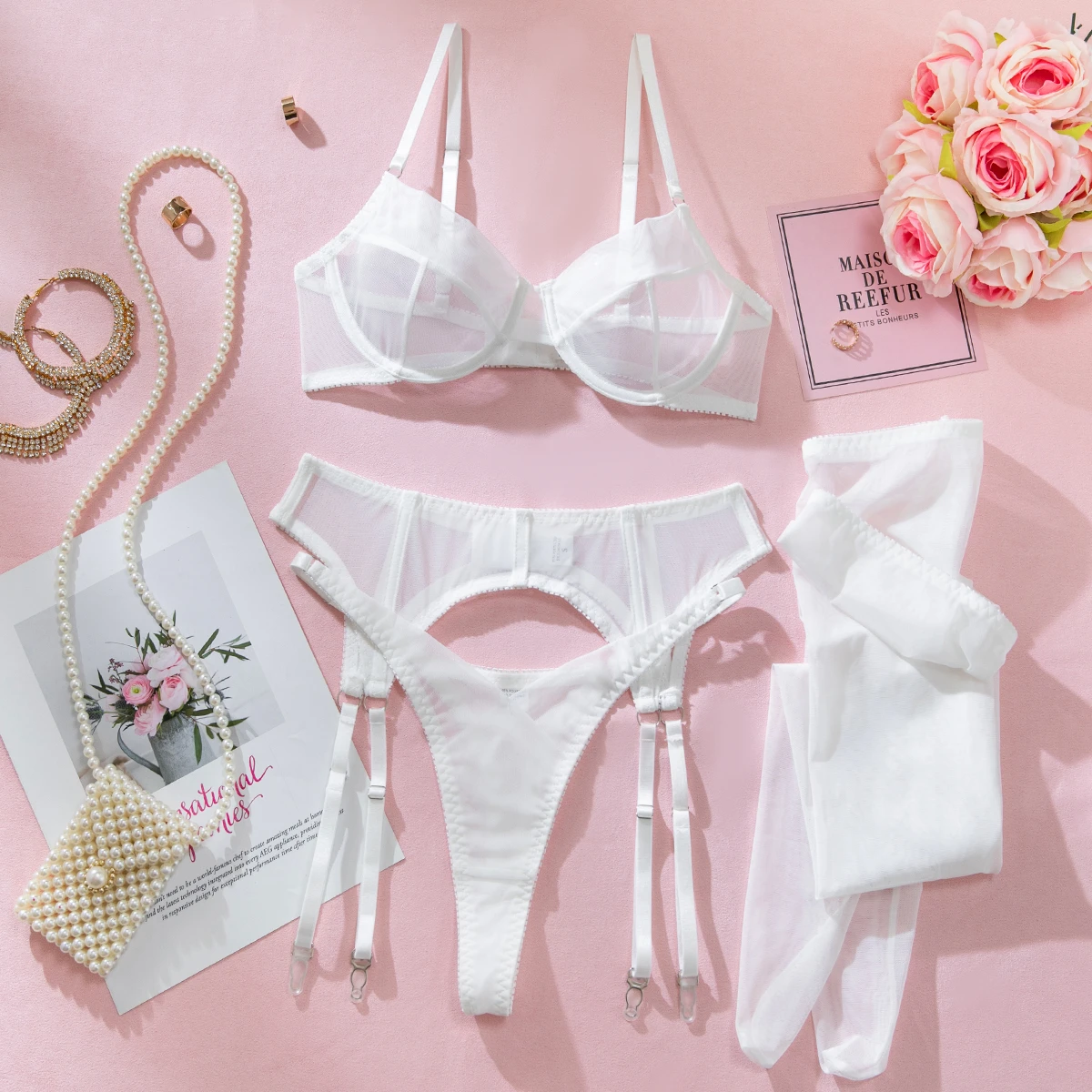 Women 4Pcs White Sheer Mesh Lingerie Set Underwire Bra Suspender Garter Belt Thong Thigh High Stockings Sexy Bridal Nightwear view 6
