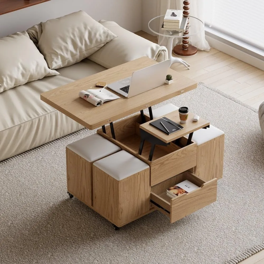 Lift Top Coffee Table with Hidden Storage, 3 in 1 Multi-Function Modern Folding Center Table with 4 Stools and Casters