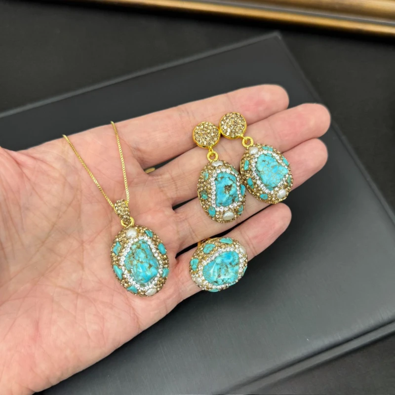 Elegant Ladies Jewelry Set 3Pcs Turquoise Pearl with Shiny Czech Crystal Inlay for Daily Party Wear