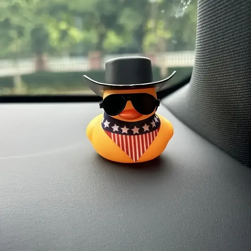 Rubber Cowboy Duck Car Dashboard Decoration - Cute Yellow Duck, Wearing Hat, Sunglasses, and American Flag Headscarf