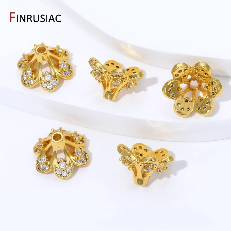 18K Gold Plated Brass Hollow Flower Bead Caps,Inlaid Zircon Spacer Beads End Caps for DIY Bracelet Necklace Making Accessories image 2