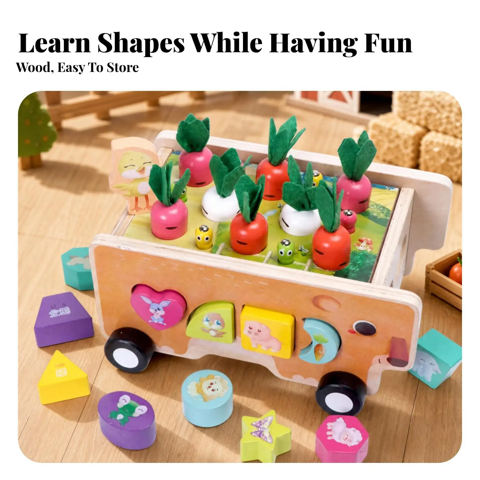 Kids Wooden Shape Sorting Cart with Farm Bear Decor Push Toy for Children Interactive Learning Activity Blocks