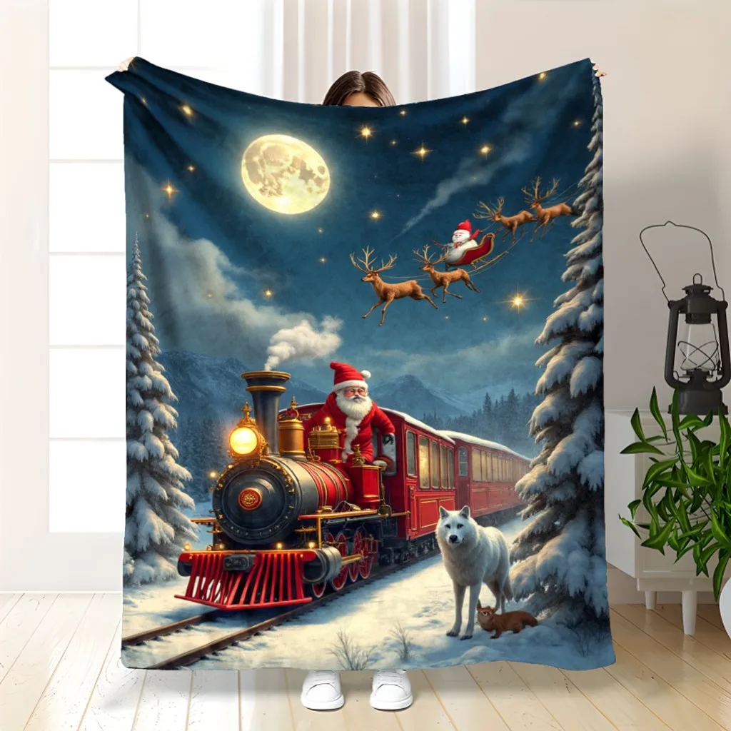 Cozy Flannel Christmas Blanket - Soft Warm Reversible Throw with Santa & Reindeer Train Scene, Snowy Landscape - All-Season Luxu
