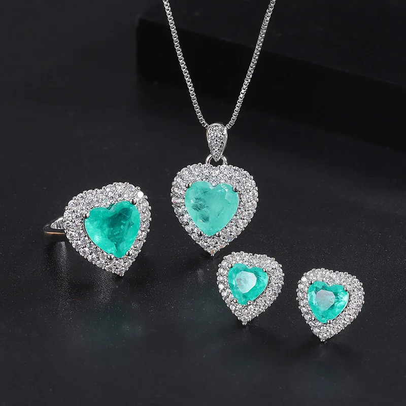 

Blue Heart Gemstone Inlaid Pendant Necklace Ring Earrings Three-Piece Set