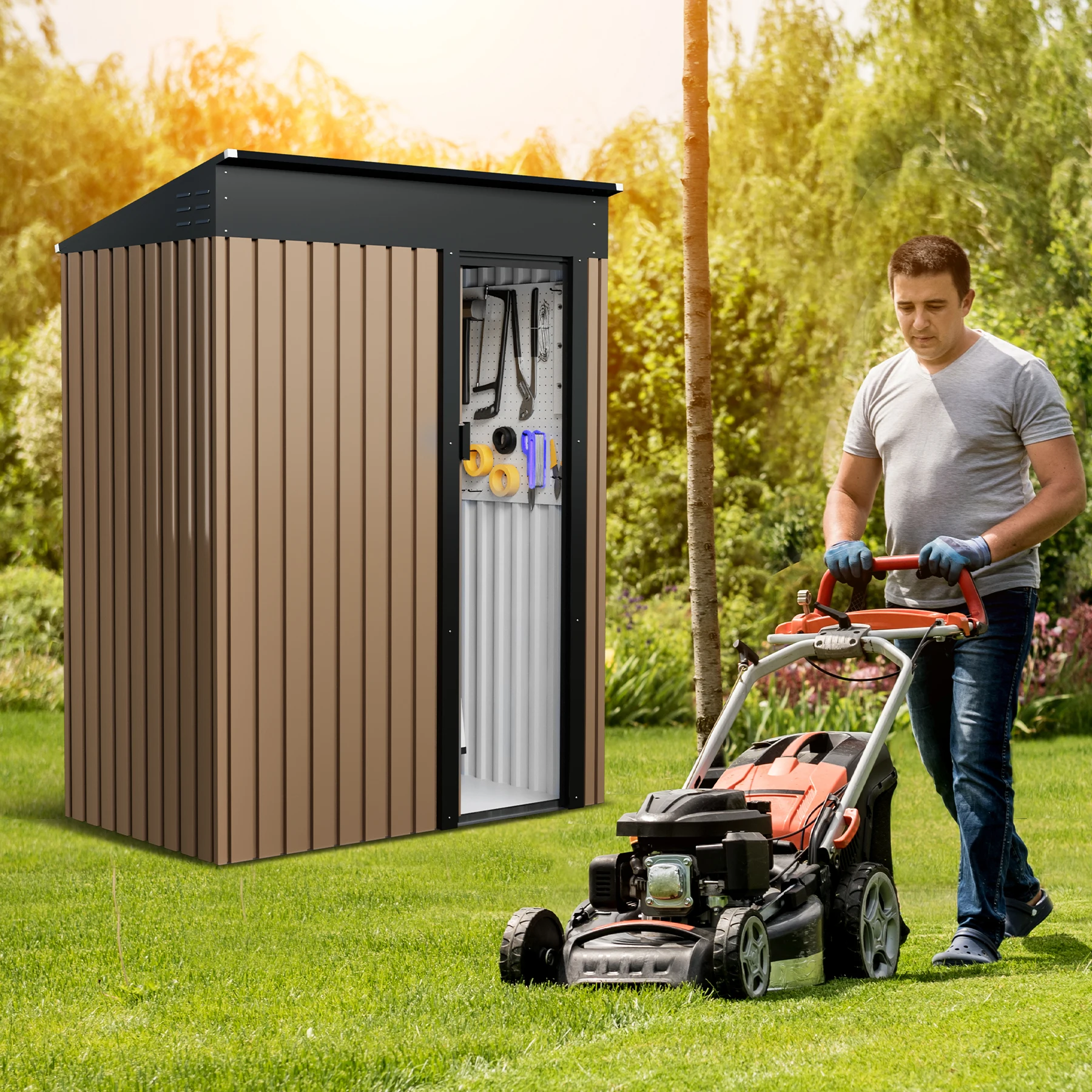 5x3FT Outdoor Storage Shed Sloping Roof Design Lockable Door Weatherproof Metal Storage House for Backyard Garden