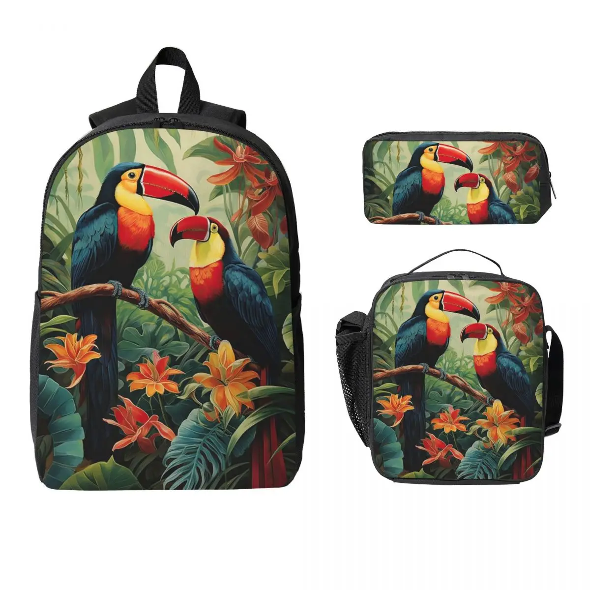 Vibrant Jungle Scene With Colorful Parrots Backpack BookBag School Bag Laptop Shoulder Bags 3ps Insulated Lunch Bag Pencil Case