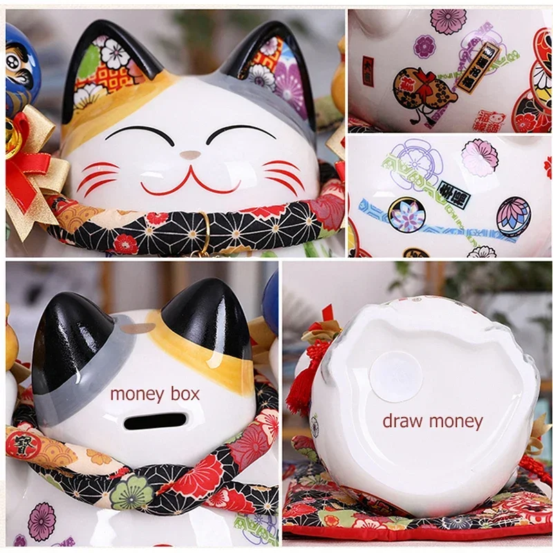 9 Inch Ceramic Maneki Neko Coin Bank Lucky Fortune Cat Daruma Money Box for Wealth Feng Shui Home Decorative Ornament