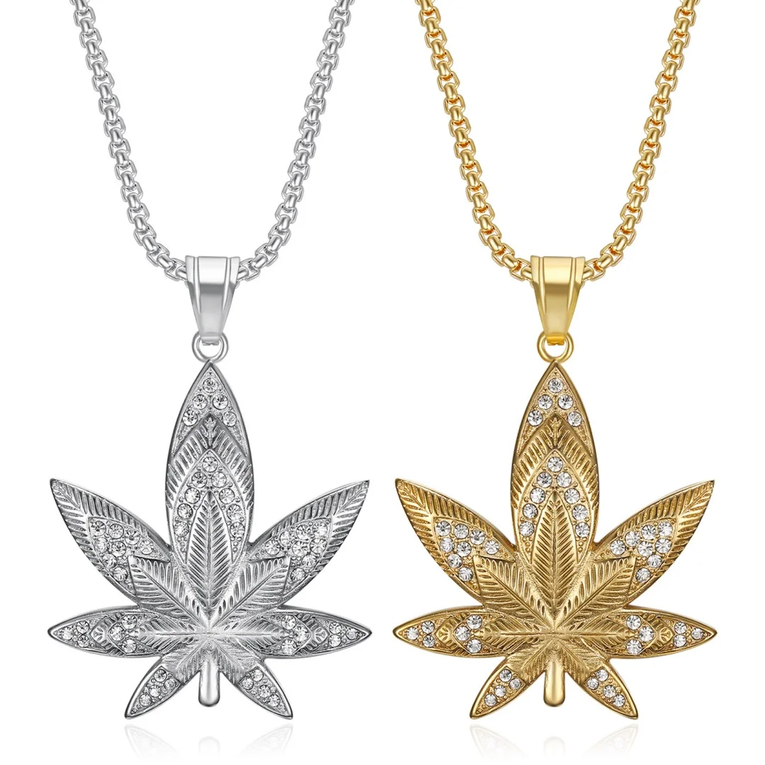 

Hiphop Iced Out Big Hemp Leaf Pendant Gold Silver Color Stainless Steel Zircon Rapper Necklace for Men Women Punk Rock Jewelry