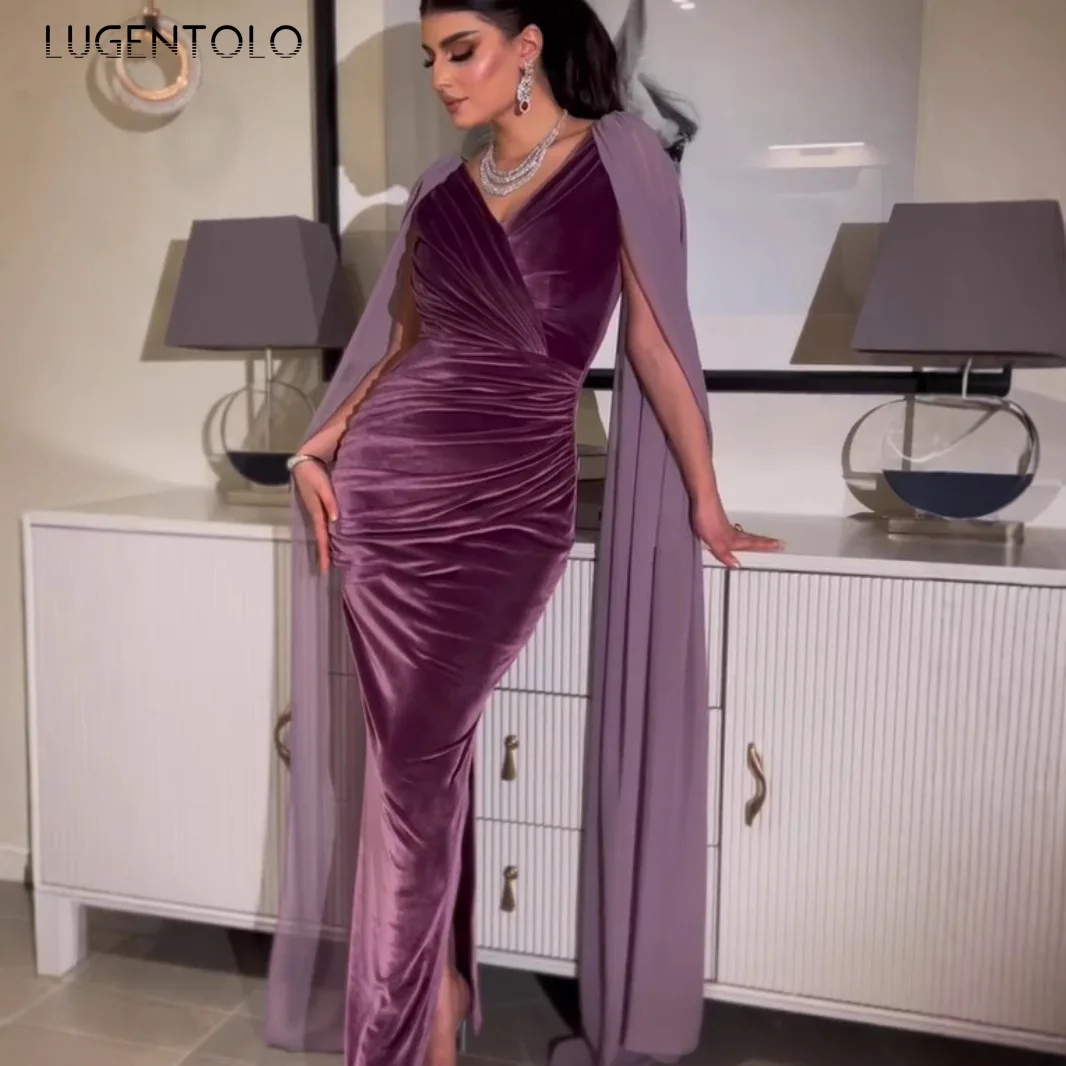 Mulheres cocktail vestido de festa sexy pacote hip mangas flutuantes senhora elegante oriente médio nova moda roxo império pano longo