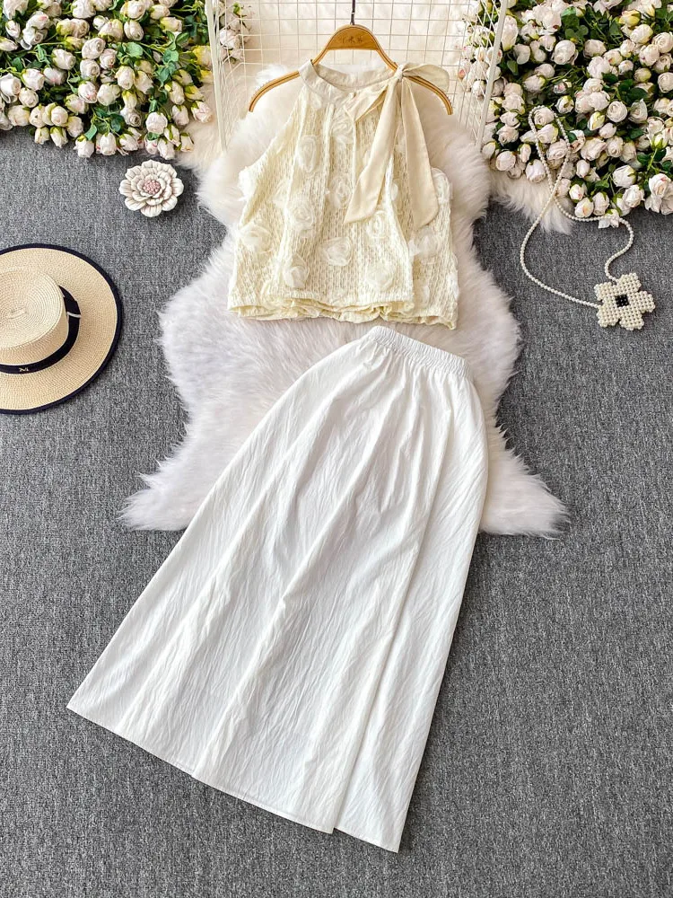 

Heavyweight 3D Flower Knot Ne Vest Top Simple Color f Skirt Set Women's Faion Summer Outfit Two-Piece Set