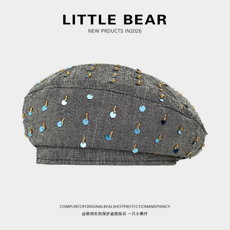 Niche Graue Pailletten-Design Achteckige Baskenmütze für Damen, Vielseitige Sommer- und Herbstmütze im Literarischen Stil, Newsboy-Malermütze für Damen – Detail 4