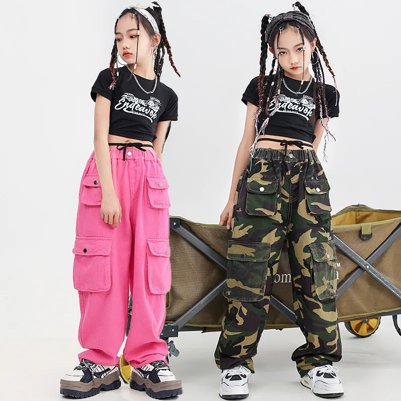 Kid Hip Hop Black Lace Up Crop Top T Shirt Camouflage Pink Casual Muliti Flap Pockets Cargo Pants for Girl Dance Costume Clothes