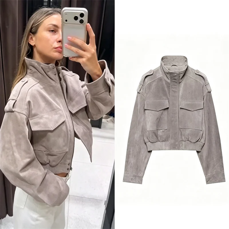 Guobioziy Women's Jacket 2026 Autumn New Fashion Retro Long-Sleeve Stand Collar Leather Short Strap Zipper Jacket