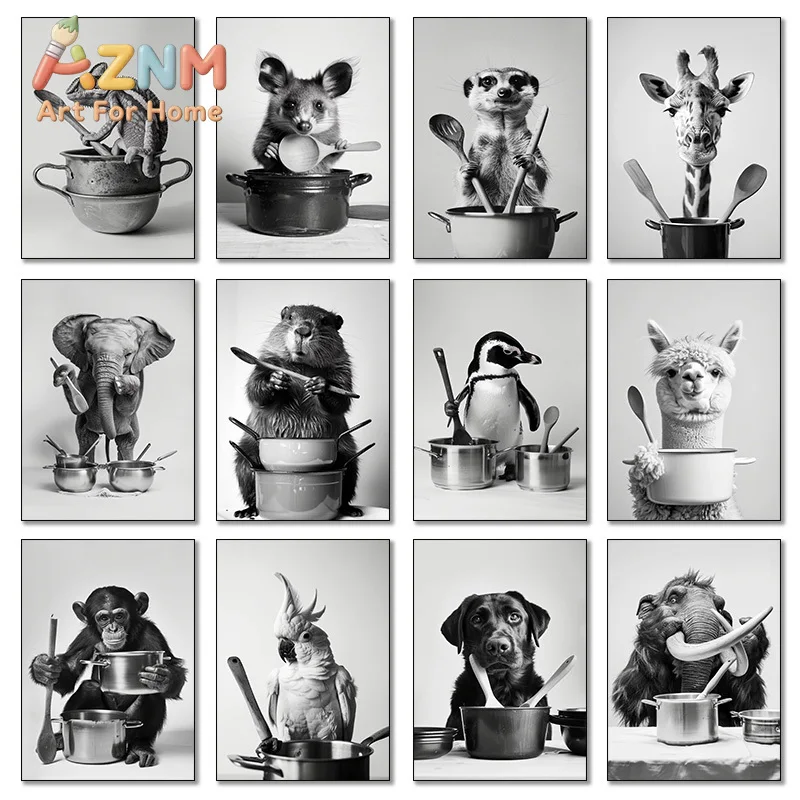 1pc frameless Canvas Painting Animal Cooking in The Kitchen Poster Funny Pictures Elephan Mammoth Monkey Dog Canvas Painting Wal