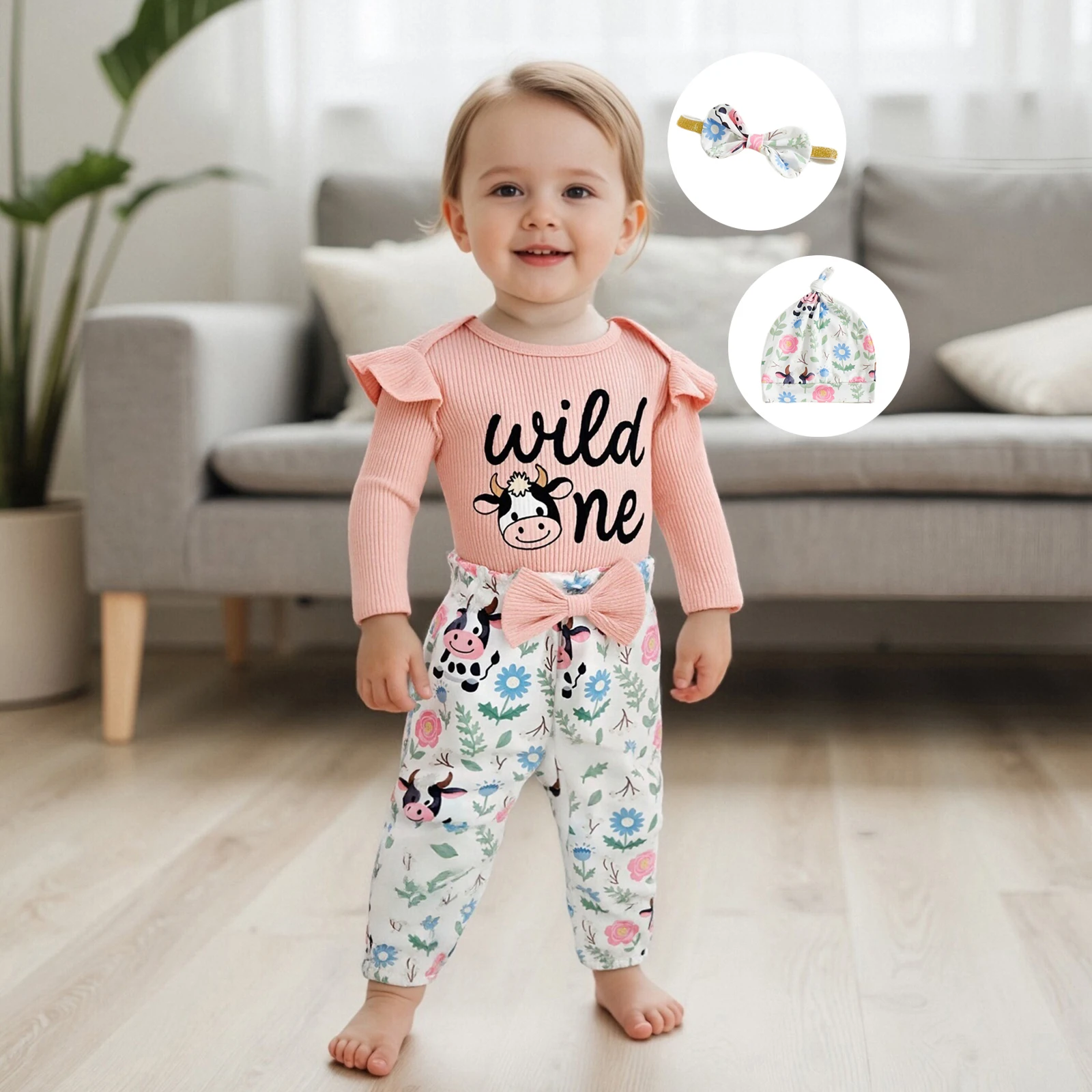 Completo da 4 pezzi per neonata, manica lunga, o collo, lettera, ricamo animale, tuta, fascia per capelli, pantaloni elastici in vita e set di cappelli