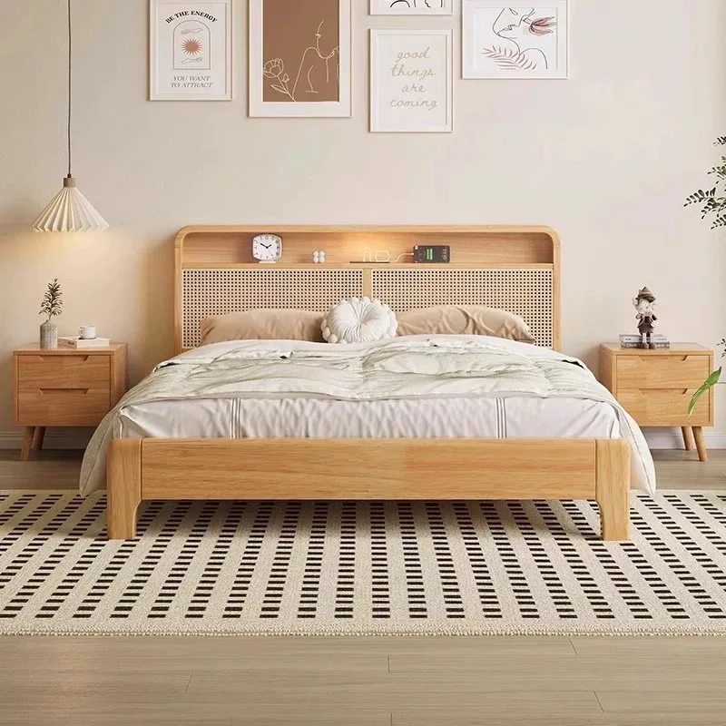 *Natural Solid Wood Rattan Bed Frame with USB and Storage Drawers, Low Platform Queen King Size Bed for Bedroom Furniture