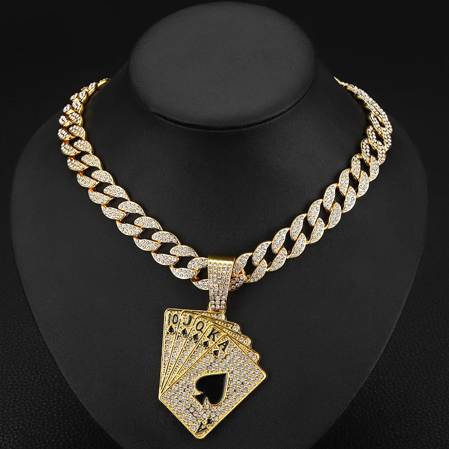 Mode tendance personnalité hip hop style punk carte à jouer chaîne cubaine unique hommes strass pendentif collier