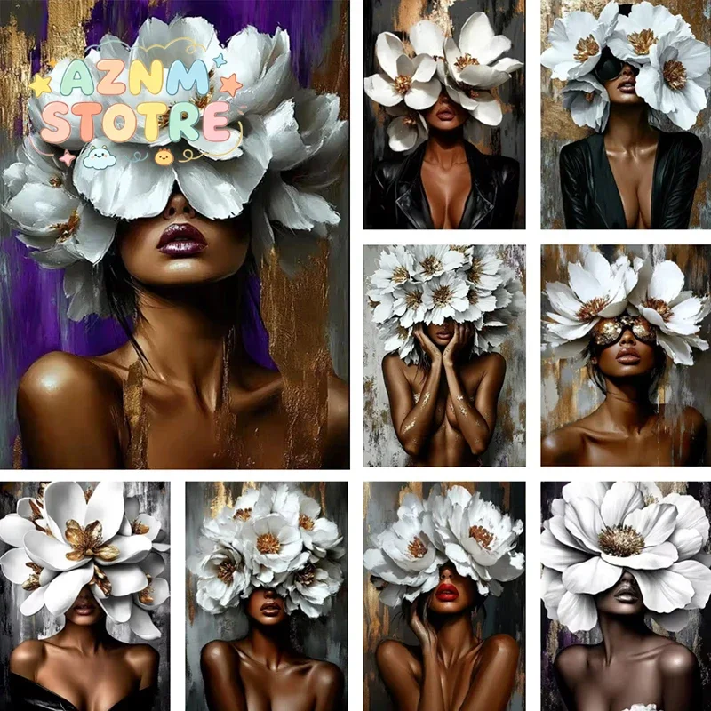 Gold Petals Elegant Sexy Woman Posters Prints Abstract White Floral Black Girl Canvas Painting Wall Art Living Room Home Deco