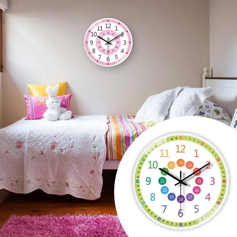 Teaching Time Clock For Kids 8-Inch Kids Room Wall Decor Analog Clock Non Ticking Telling Time Teaching Clock Silent Learn To