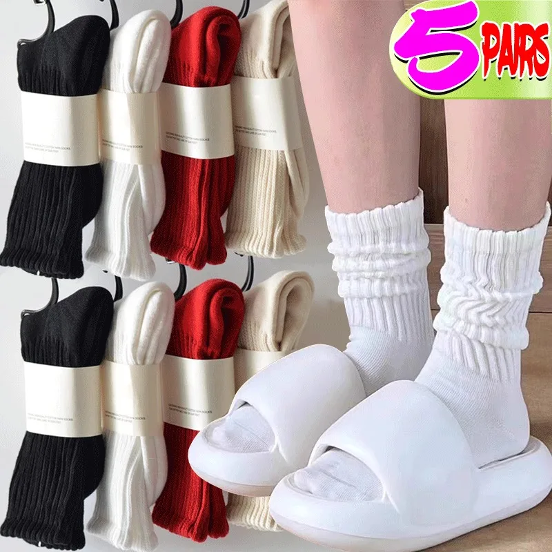 Women Y2k Knitted Long Socks Girls Casual Black White Solid Loose Crochet Middle Tube Lolita Sox Cotton Boot Cuffs Ruffles Socks