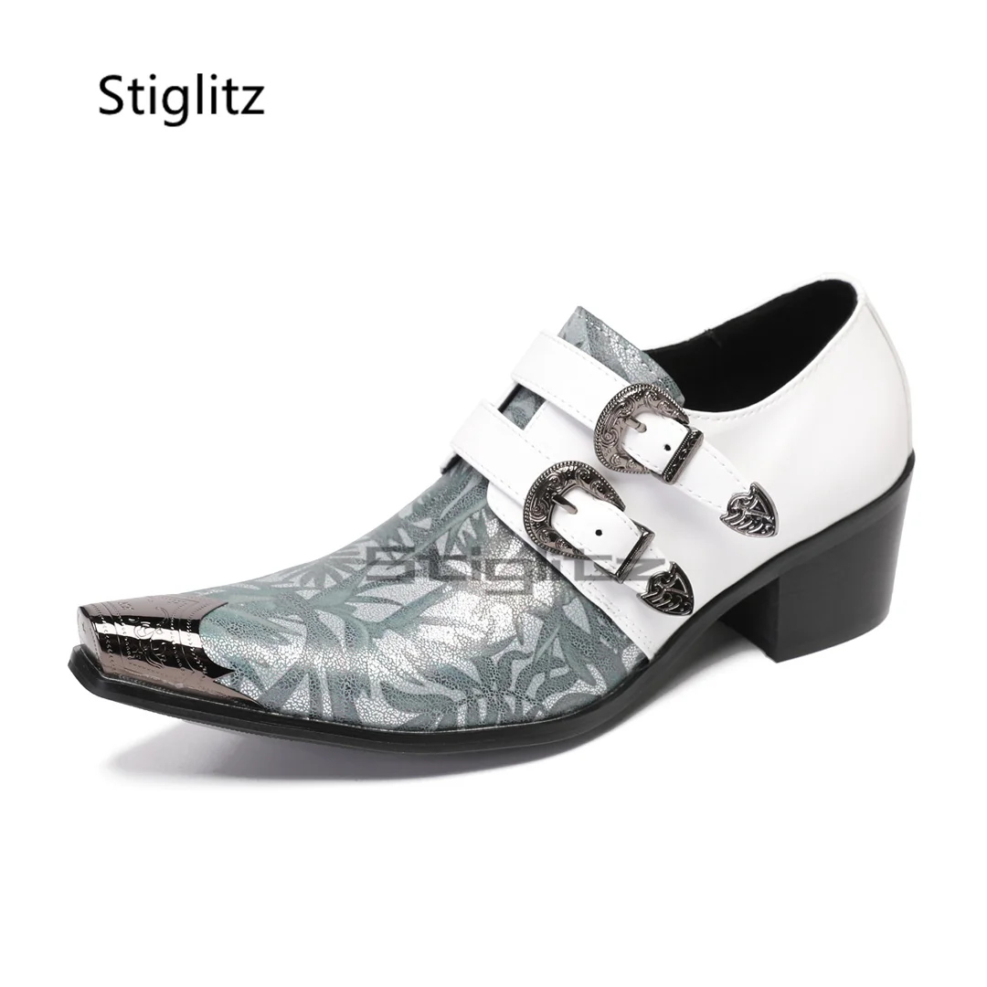 

Men's Leaves Prints High Heels White Patchwork Genuine Leather Business Dress Shoes Metal Pointed Toe Double Buckle Male Shoes