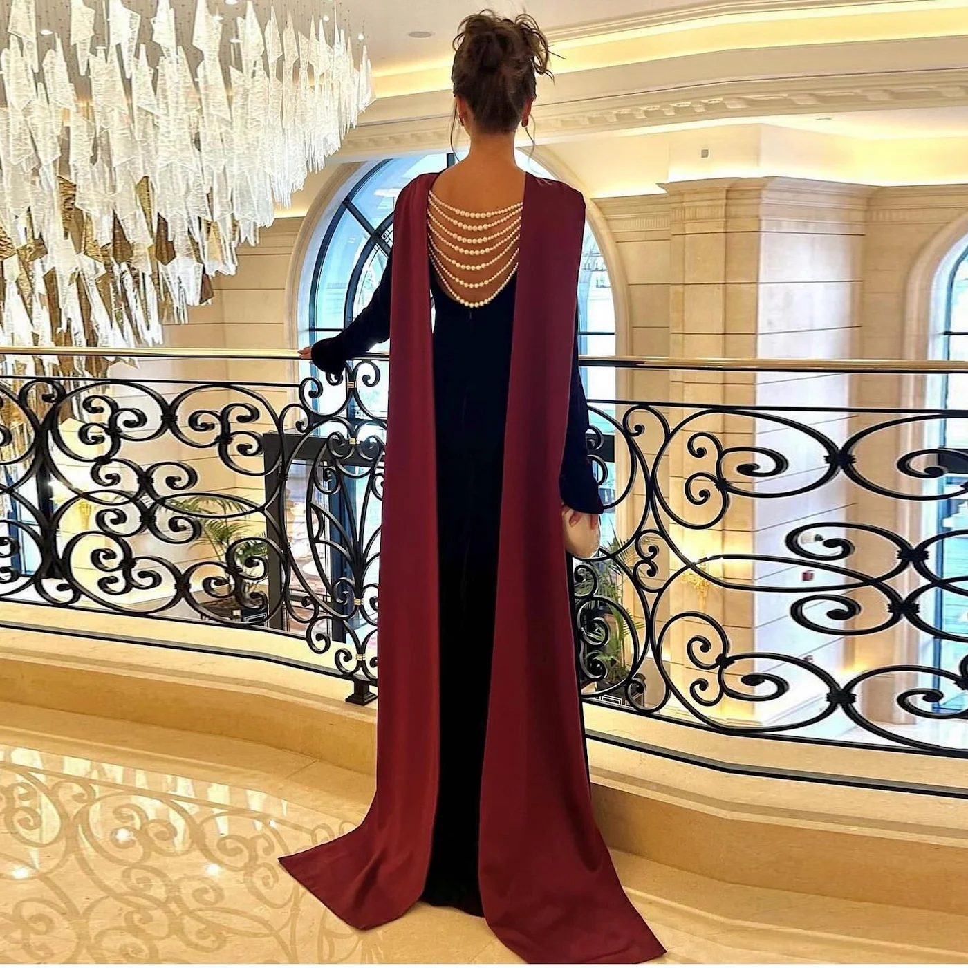 

ROSELLA O Neck Evening Dress Pearls Back with Shawl Floor Length Mermaid Dubai Arabic Women Formal Party Prom Gowns Occasion