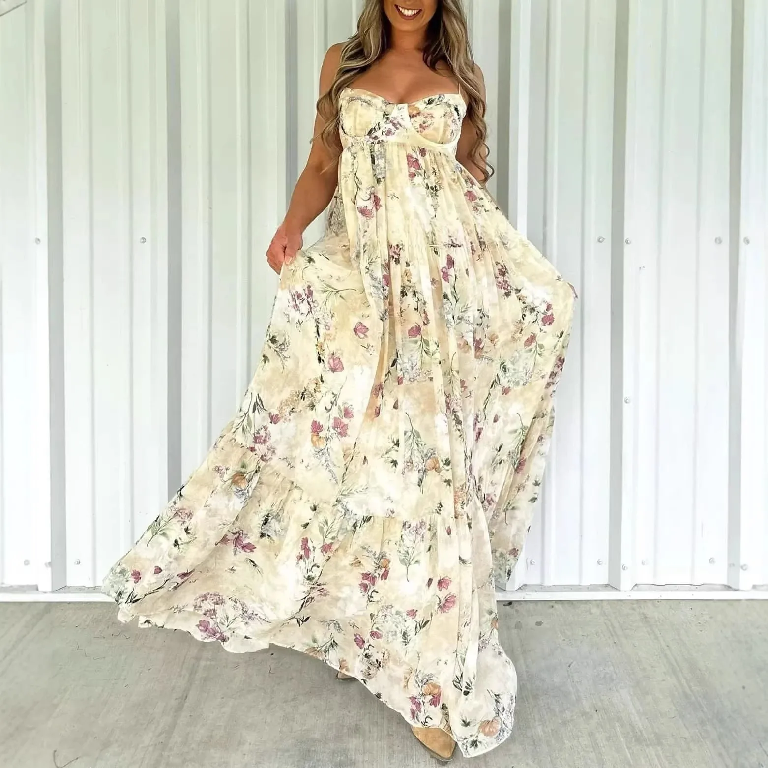 Printed Backless Dress Maxi Length Elegant and Refined with Spaghetti Strap High Waist Full Swing Skirt Party Dresses for Women