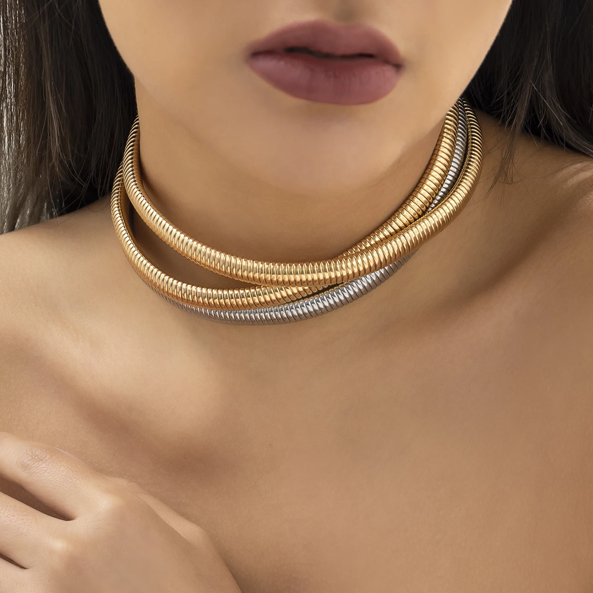 IngeSight.Z Exaggerated Vintage Multilayer Thick Twisted Metal Choker Necklace for Women Punk Chunky Short Gold Color Collar