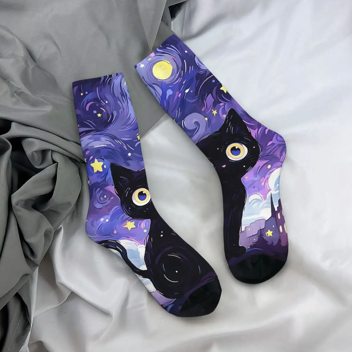 

Носки на все случаи жизни с изображением черной кошки под звездами, длинные носки в стиле хип-хоп для мужчин и женщин, подарки на День святого Валентина