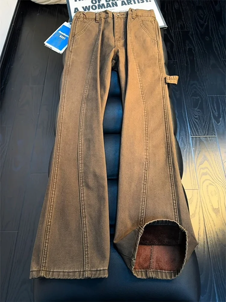 

Retro American Patchwork Fce Lined Cotton Men's Straight Leg Jeans Casual Workwear High Street Vibe Autumn Winter Trousers