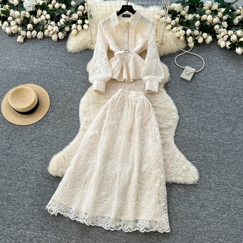 

Chic Women Two-Piece Sets Embroidered long sleeve Top High Waist Skirt High Street fairycore Clothing