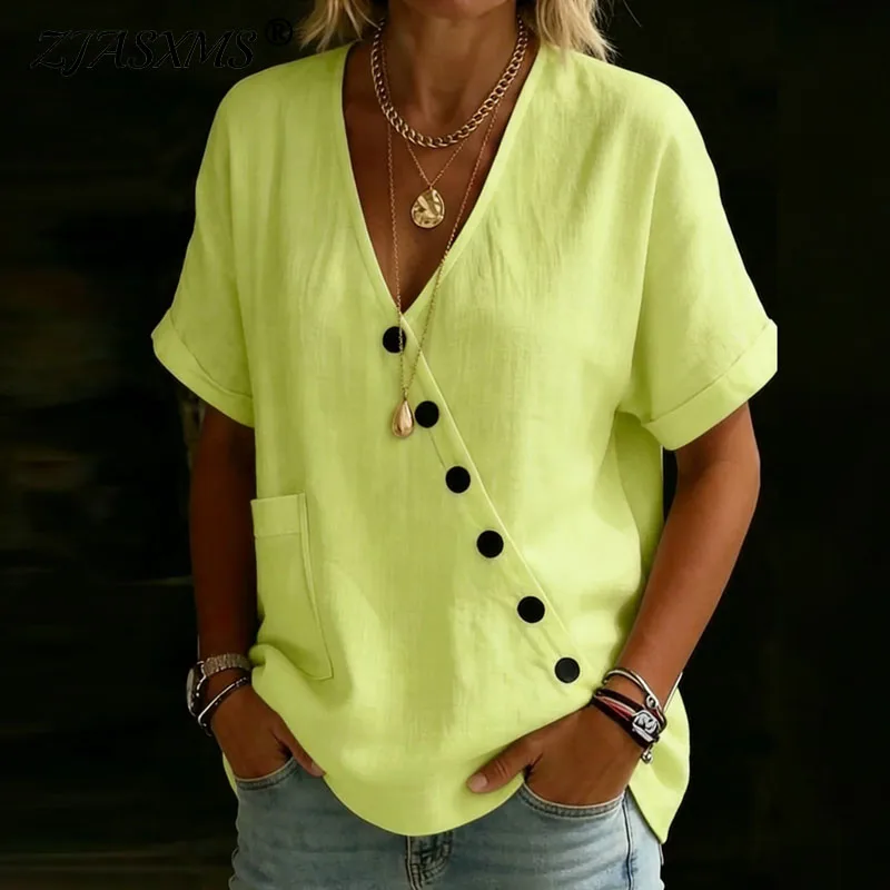 

Новая летняя женская блузка с V-образным вырезом, асимметричными пуговицами, винтажная, элегантная, однотонная, льняная, с коротким рукавом и карманами