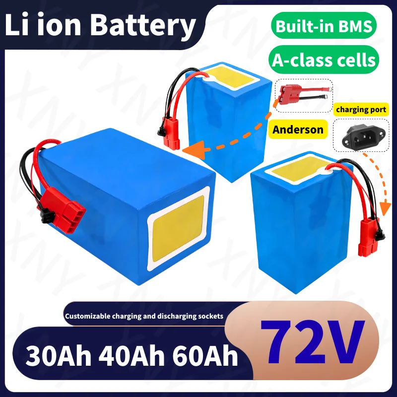 

Новый литий-ионный аккумулятор 72В высокой емкости 30Ач/40Ач/60Ач с Bluetooth BMS для двухколесных мини-автомобилей 100А/150А/200А 3000Вт
