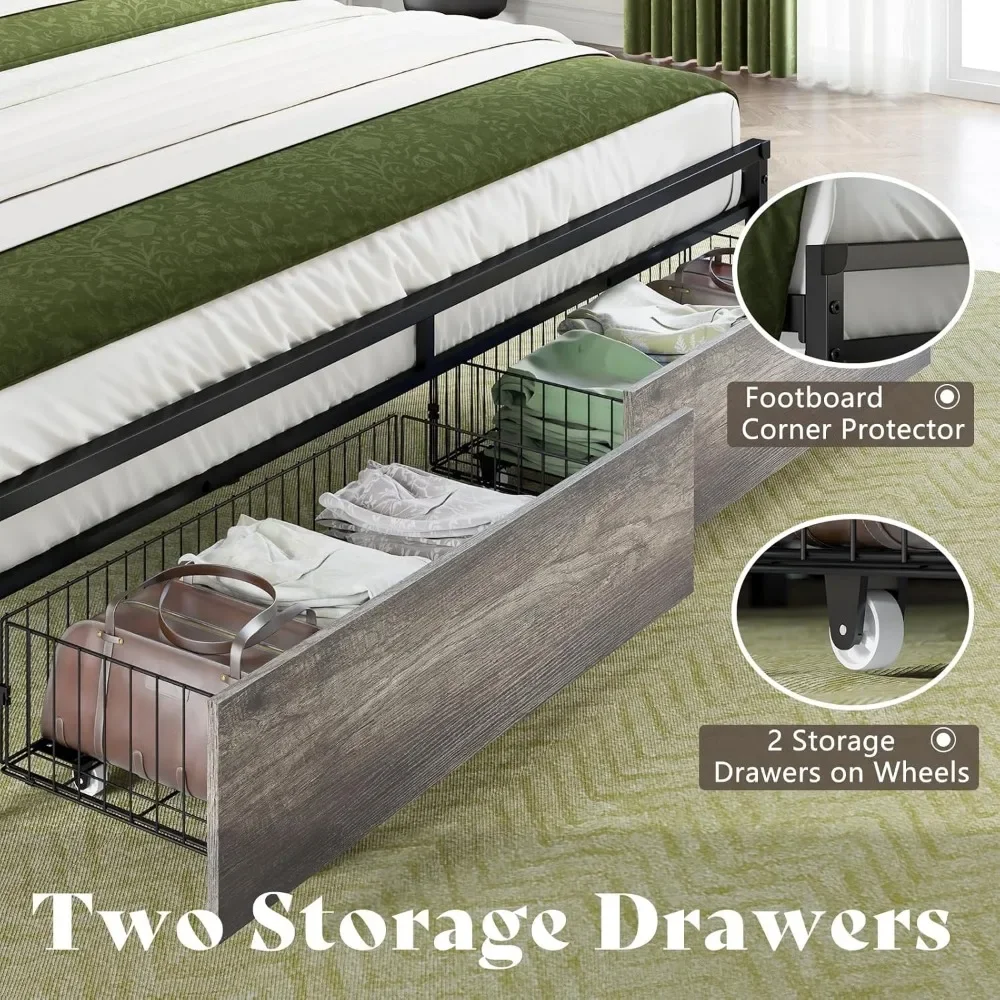 Bed frame with drawers, full platform bed frame with 2 layers of storage, charging headboard, no need for spring mattresses