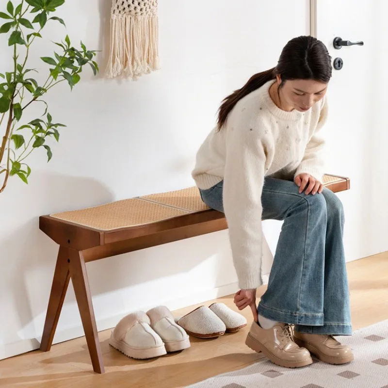 Rattan Bench Chandigarh Bench Three-person Bench Wabi Silent Wind Retro Entrance Shoe Change Stool Home Dining Chair Stool