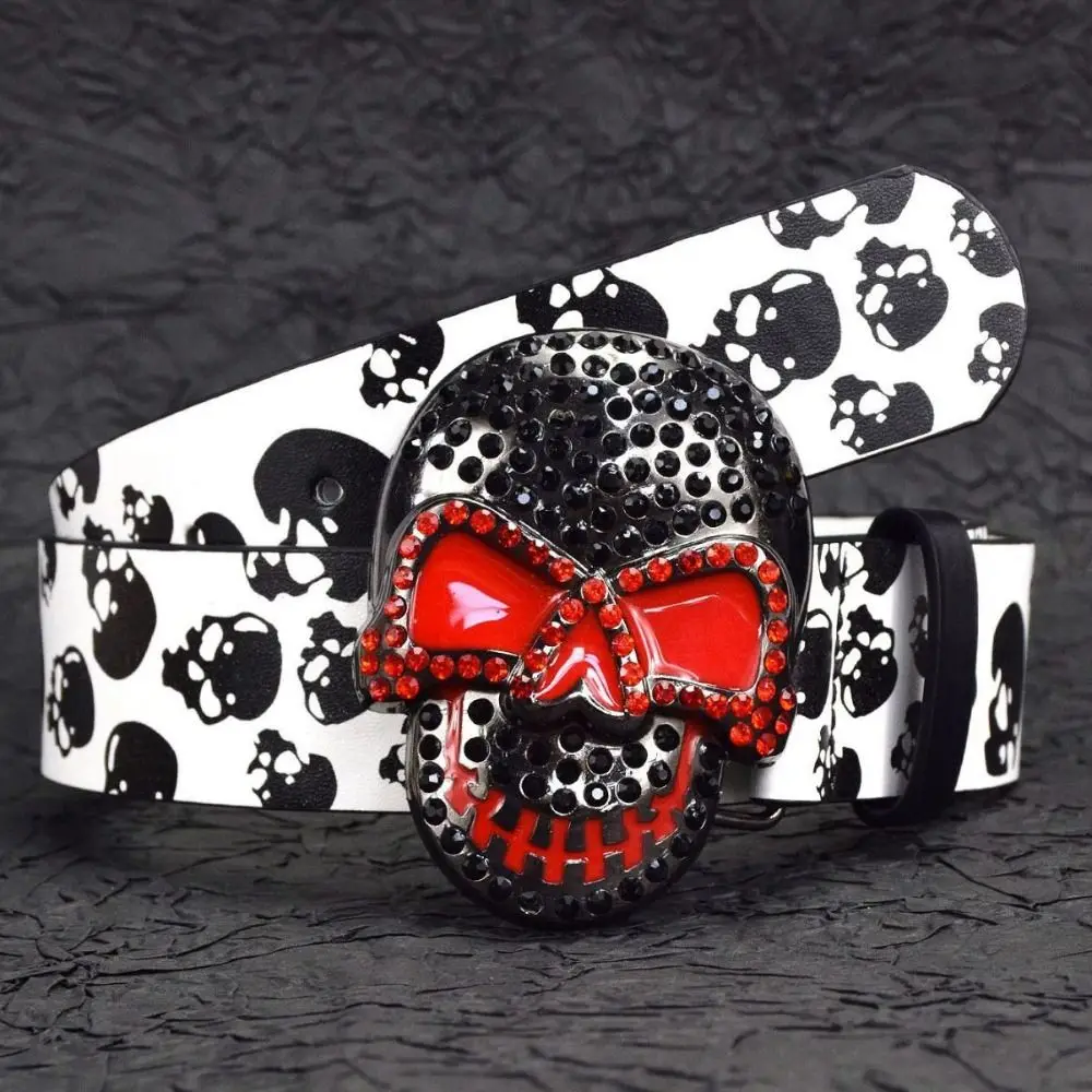 

Punk-Style Skull Print Belt Rhinestone Pu Leather Goth Style Belt Pants Decors Casual Wear Halloween Skeleton Waistband