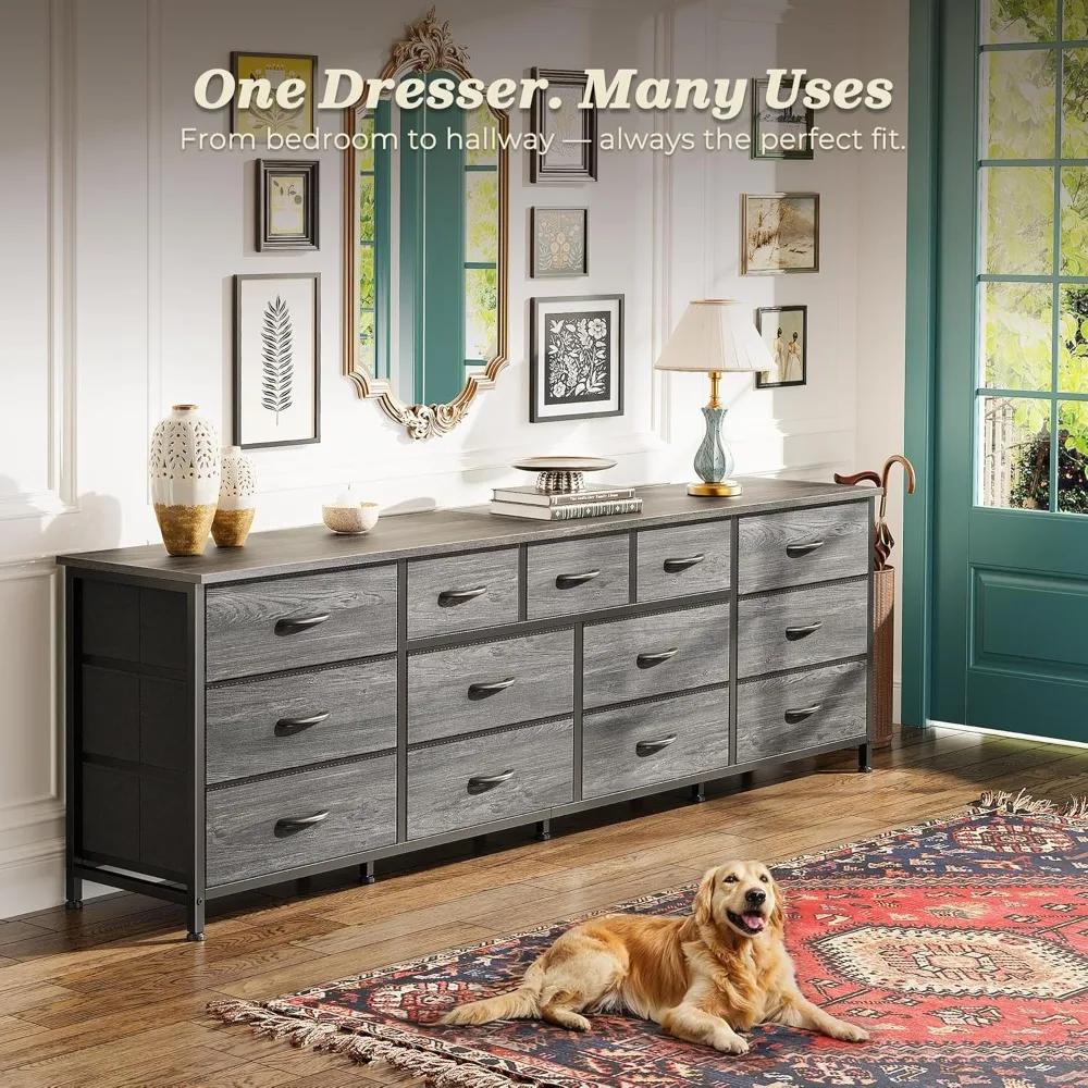 US Shipping 70 Inch Long Dresser with 13 Fabric Drawers, TV Stand for 65 75 80 Inch TVs, Large Grey Entertainment Center &