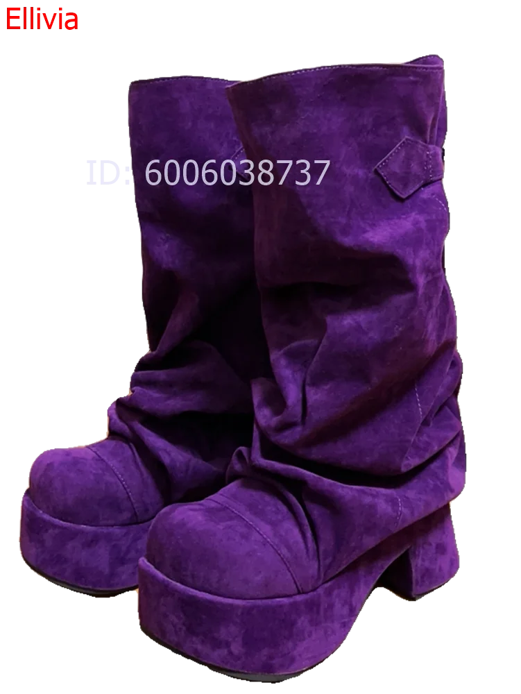Women Round Toe Fold Shaft Mid Calf Boots Buckle Decor Platform Block Heel Slip On Thick Sole For Daily Party Occasions Boots